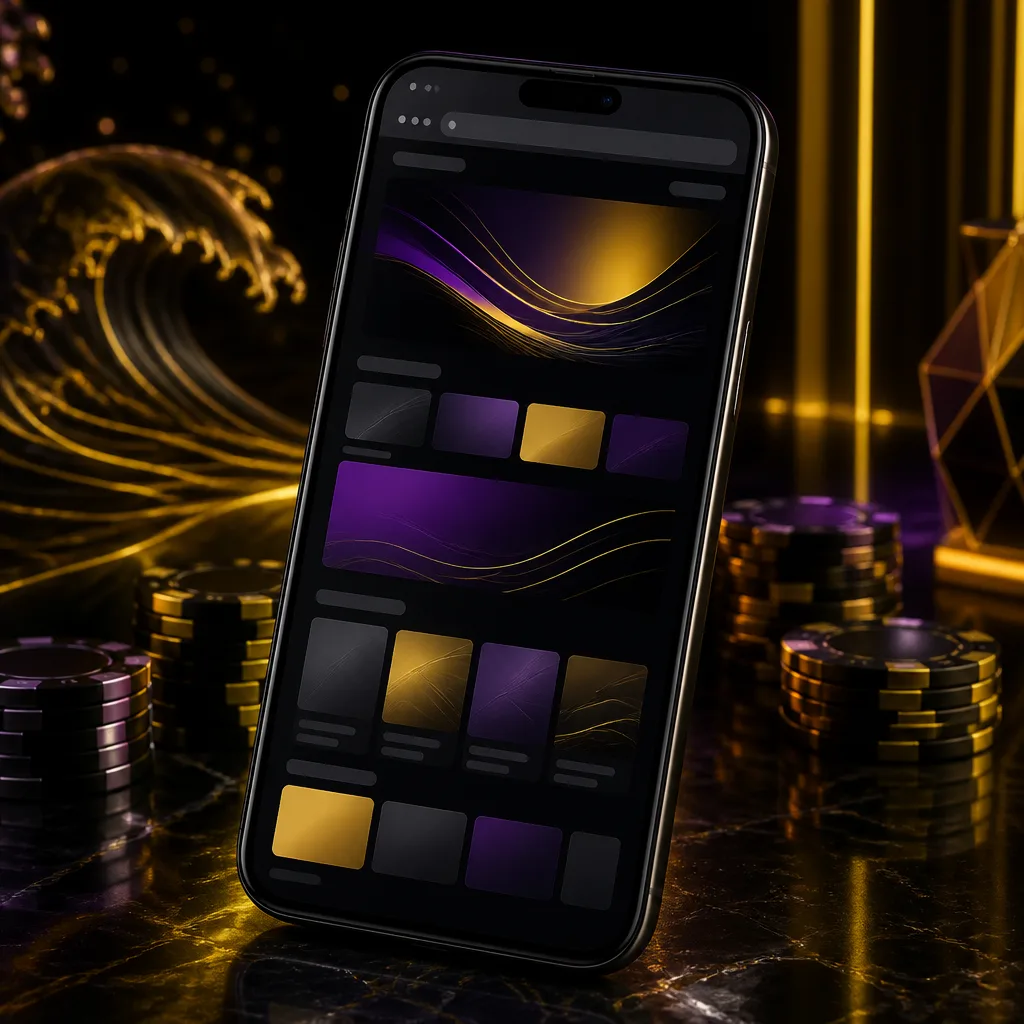 Mobile browser casino access mockup with gold and purple brand styling