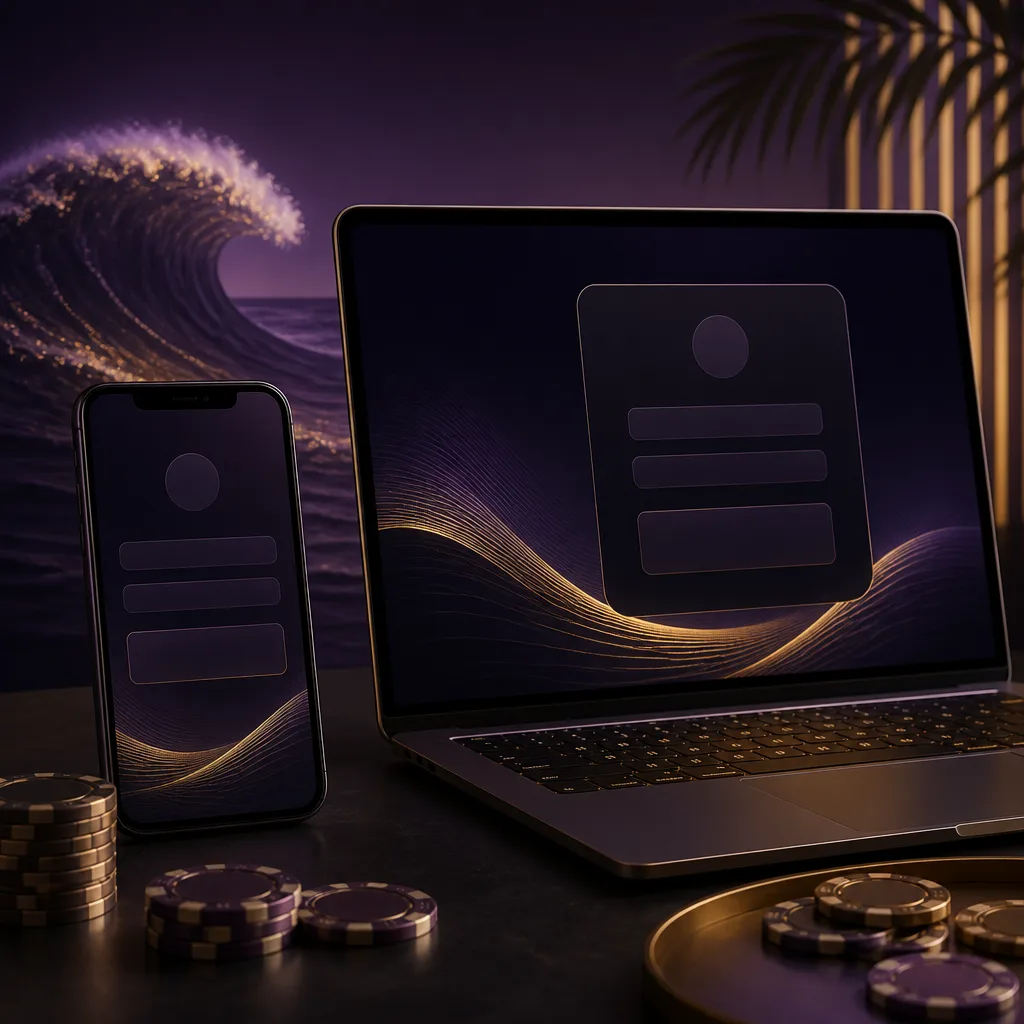 Mobile login scene with casino-style gold and purple lighting