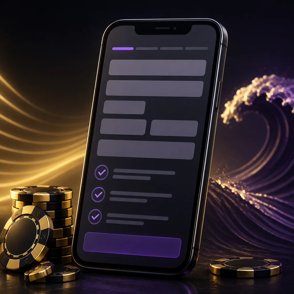 Account registration visual with phone, checklist shapes and casino chips